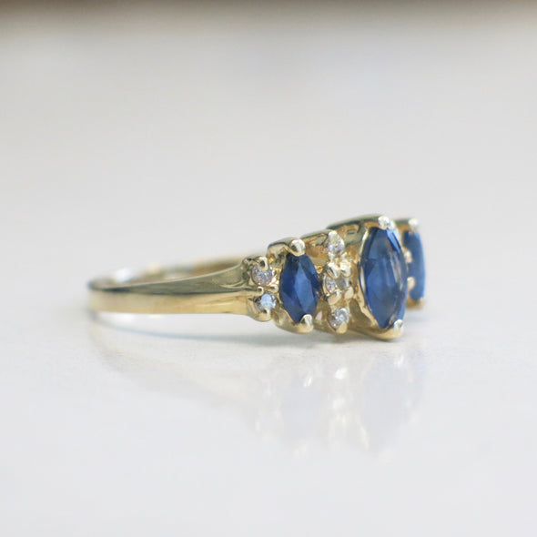 Sapphire Three Stone Marquise and Diamond Accented 14K Yellow Gold Rin