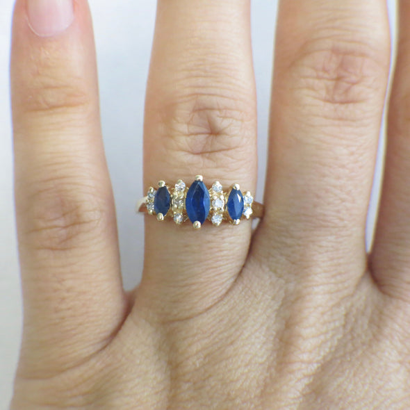 Sapphire Three Stone Marquise and Diamond Accented 14K Yellow Gold Ring