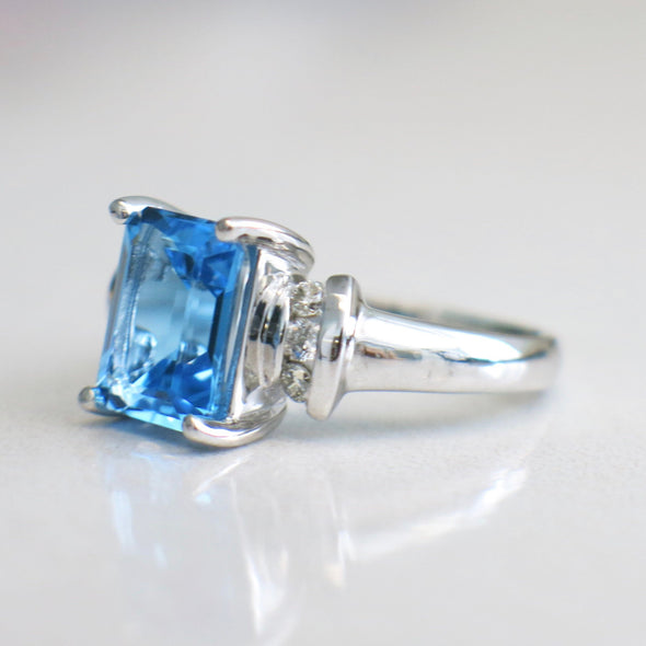 RESERVED*14K White Gold Emerald Cut Swiss Blue Topaz Diamond Accented Ring