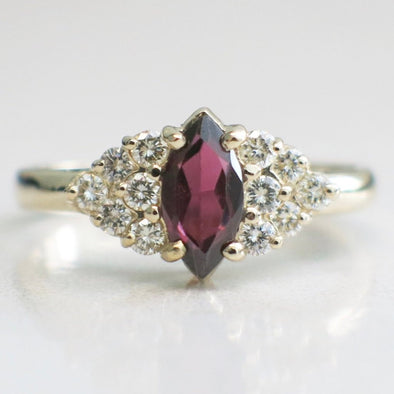 14K Yellow Gold Purple Garnet Marquise and Diamond Accented Ring