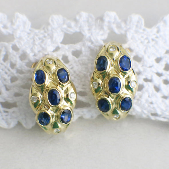 Oval Sapphire and Diamond 14K Yellow Gold French Back Earrings