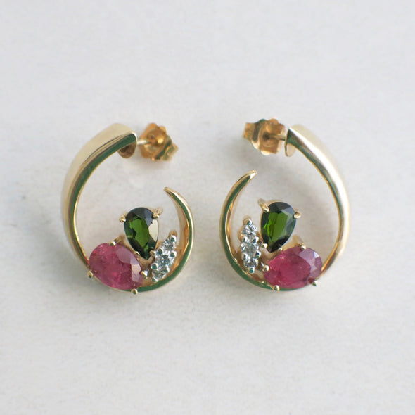 14K Yellow Gold Ruby Garnet and Diamond Dangle Drop Earrings