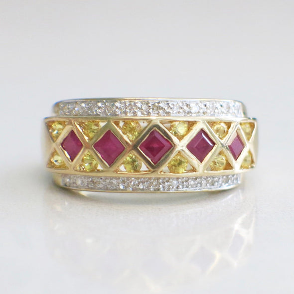 Princess Cut Ruby, Round Diamond and Citrine 14k Yellow Gold Band