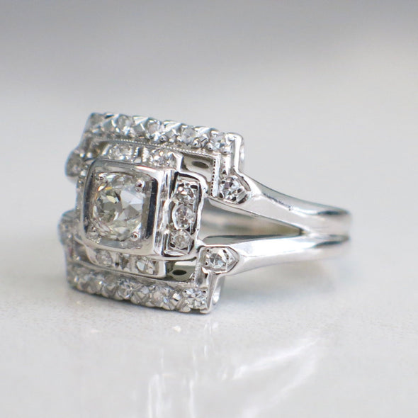 14K White Gold Vintage Art Deco Diamond Ring Alternative Engagement Ring