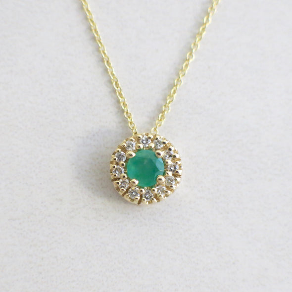 14K Yellow Gold Green Emerald and Diamond Halo Slide Pendant Necklace