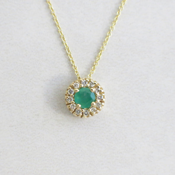 14K Yellow Gold Green Emerald and Diamond Halo Slide Pendant Necklace