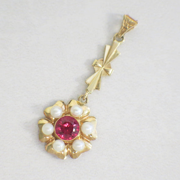 14K Vintage Pearl and Synthetic Pink Sapphire Dangle Pendant