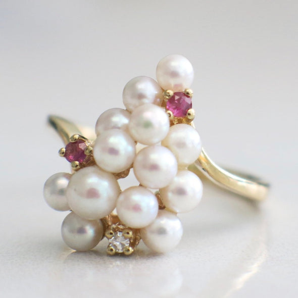 Round White Pearl, Diamond, and Red Ruby Grape Shape Statement Ring