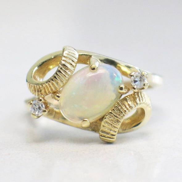 Oval White Opal and Diamond Vintage 14K Yellow Gold Ring