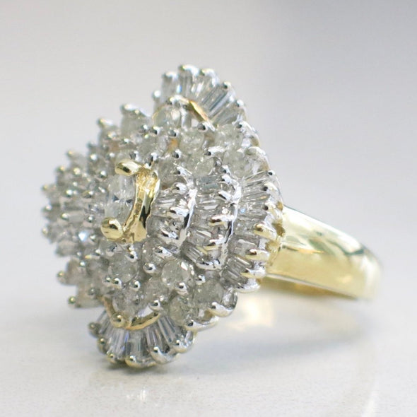 Diamond Marquise Round and Baguette Cluster 14K Yellow Gold Ring