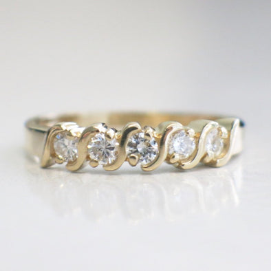 14K Vintage Five Stone Diamond S Shaped Anniversary Wedding Band Stackable Ring