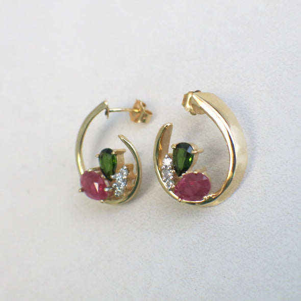14K Yellow Gold Ruby Garnet and Diamond Dangle Drop Earrings