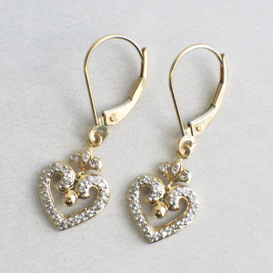 14K Yellow Gold Diamond Heart Dangle Earrings