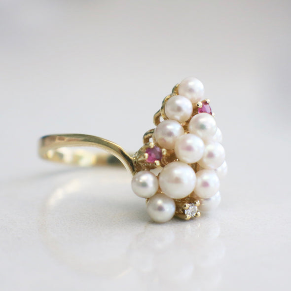 Round White Pearl, Diamond, and Red Ruby Grape Shape Statement Ring