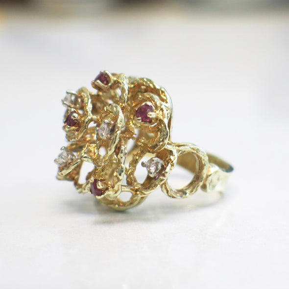 Vintage 14K Yellow Gold Diamond and Red Ruby Floral Cluster Handmade Cocktail Ring