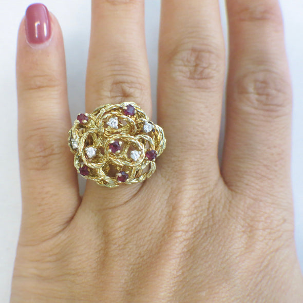 Vintage 14K Yellow Gold Diamond and Red Ruby Floral Cluster Handmade Cocktail Ring