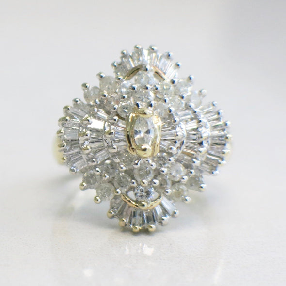 Diamond Marquise Round and Baguette Cluster 14K Yellow Gold Ring