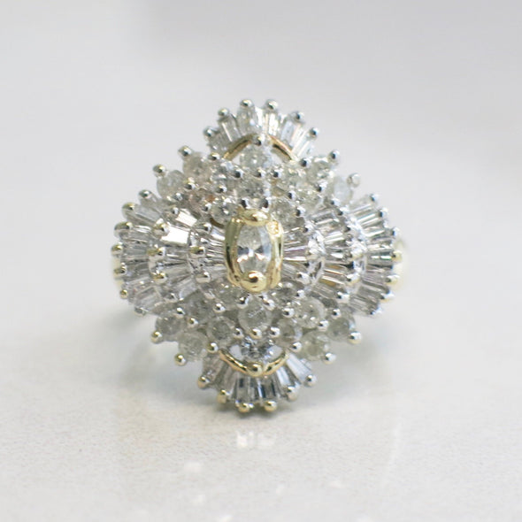 Diamond Marquise Round and Baguette Cluster 14K Yellow Gold Ring