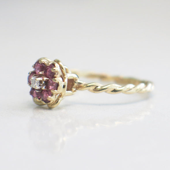 Red Ruby and Diamond Center Braided Floral Flower Ring