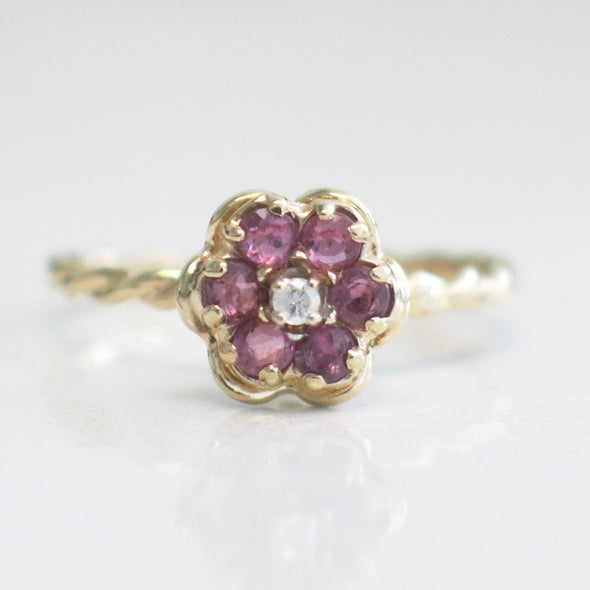 Red Ruby and Diamond Center Braided Floral Flower Ring
