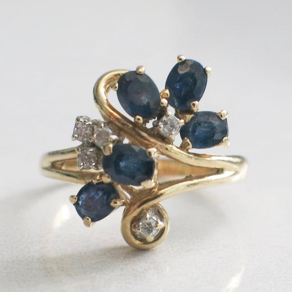Oval Sapphire and Diamond Vintage Scroll 14K Yellow Gold Vintage Ring