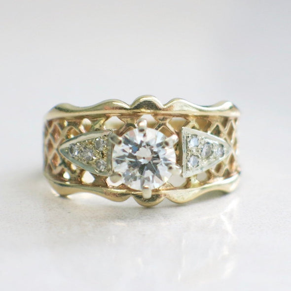 Vintage 14K Yellow Gold Round Brilliant and Single Cut Diamond Wide Lattice Engagement Ring