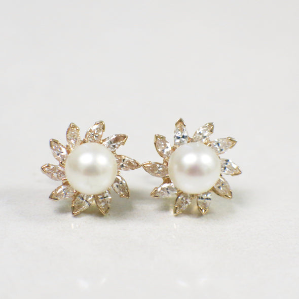 Marquise Diamond and Akoya Pearl Flower Burst Stud Earrings