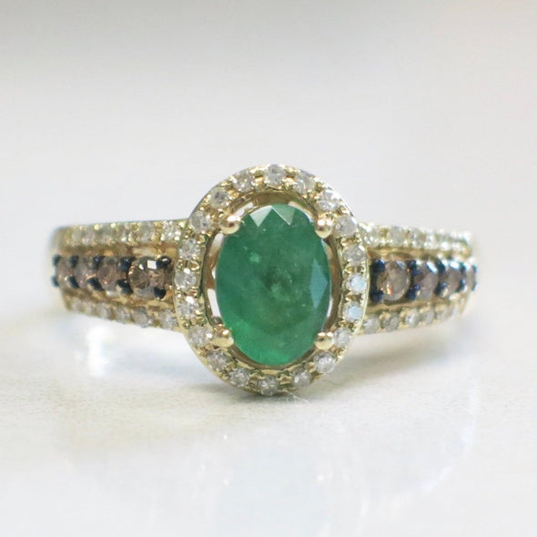 RESERVED** 14K Yellow Gold EFFY Oval Emerald with Champagne and White Diamond Accented Ring