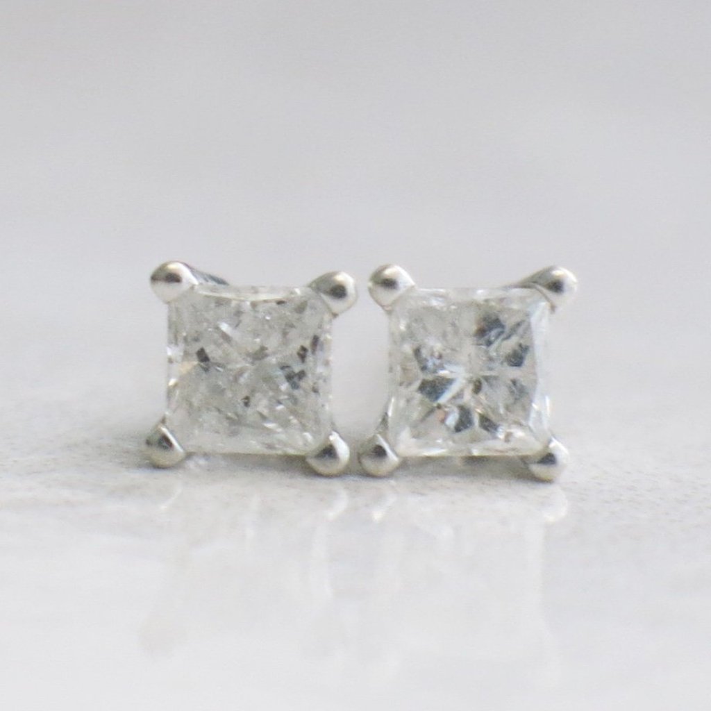 80 Carat Princess Cut Diamond 14k White Gold Square Stud Earrings