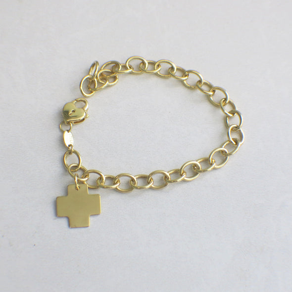 14K Yellow Gold Oval Link Chain Bracelet With Cross Charm and Heart Lock Clasp