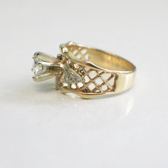 Vintage 14K Yellow Gold Round Brilliant and Single Cut Diamond Wide Lattice Engagement Ring