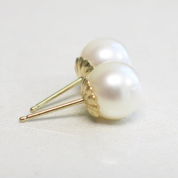 Pearl Studs with Scallop 14K Yellow Gold Push Back Settings