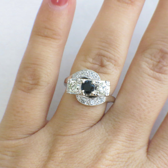 14K White Gold Sapphire and Diamond Art Deco Milgrain Ring Alternative Engagement