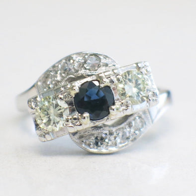 14K White Gold Sapphire and Diamond Art Deco Milgrain Ring Alternative Engagement