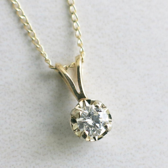 Solitaire Vintage Split Bail Diamond Pendant and 14K Yellow Gold Necklace