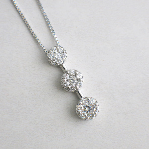 14K White Gold Diamond Three Stone Drop Cluster Necklace