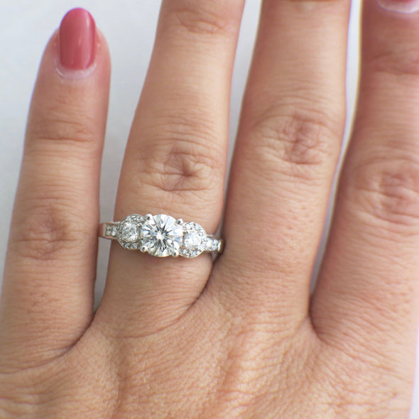 Vintage Inspired 14K Gold Three Stone Halo Side Stones Diamond Engagement Ring