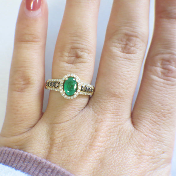 RESERVED** 14K Yellow Gold EFFY Oval Emerald with Champagne and White Diamond Accented Ring
