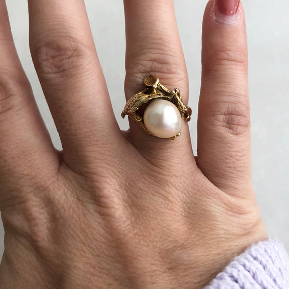 Vintage Handmade 14K Yellow Gold Branch and Baroque Pearl Ring