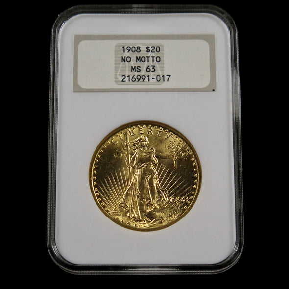 1908 20 Dollar Saint Gaudens Double Eagle Gold Coin No Motto NGC MS63