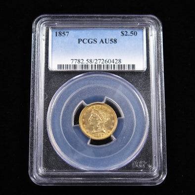 1857 Quarter Eagle 2.50 Liberty Head Dollar Gold Coin PCGS AU58