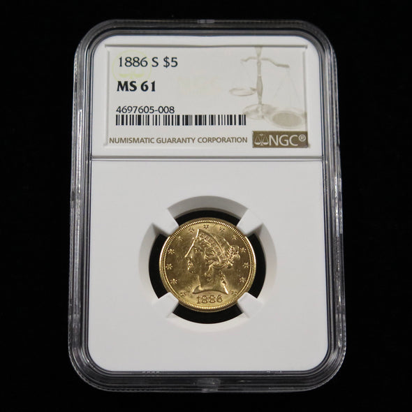 1886 S Liberty Head 5 Dollar Gold Coin NGC MS61