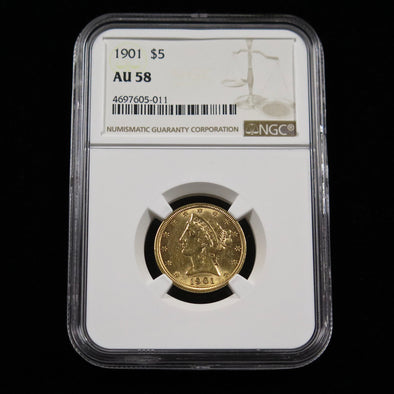 1901 Liberty Head 5 Dollar Gold Coin NGC AU58